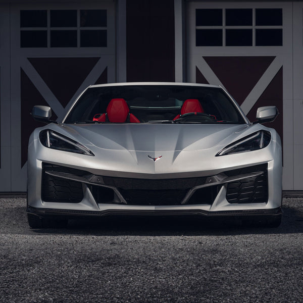 Silver Chevrolet Corvette C8, front view