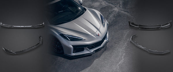 Corvette C8 with a carbon fiber front spoiler, surrounded by Feral carbon fiber front spoilers
