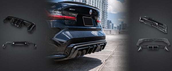 BMW M3 with a carbon fiber rear diffuser, with Feral carbon fiber rear diffusers on each side