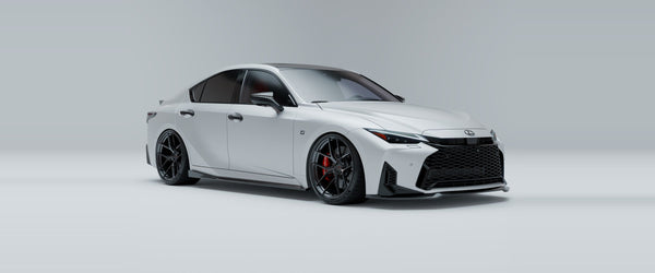 White 2026 Lexus IS350 F-Sport with Feral carbon fiber aero, front three-quarter studio view
