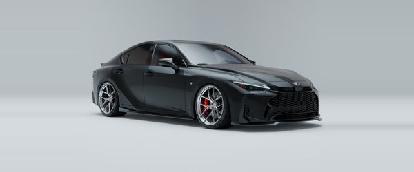 Black 2026 Lexus IS350 F-Sport with Feral aero, front three-quarter studio view