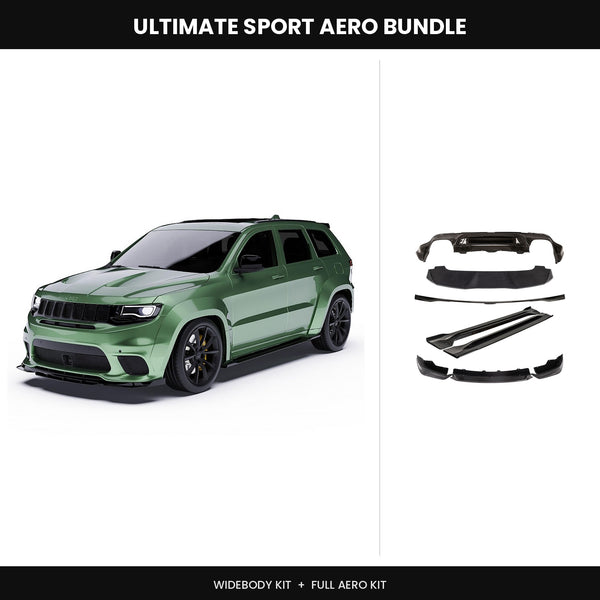 Jeep Grand Cherokee SRT and Trackhawk widebody exterior kit (Sport), carbon fiber widebody rendering shown in body color and the five carbon aero pieces